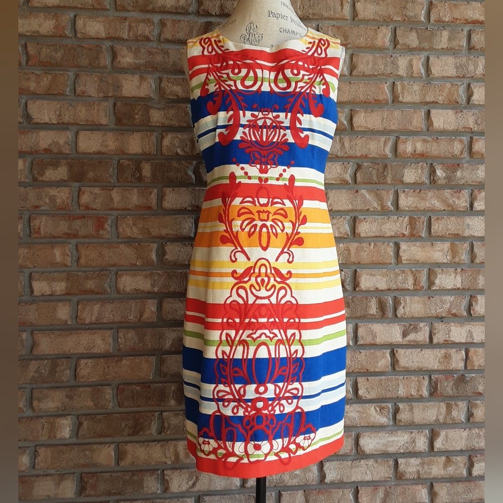 Tabitha 100% Cotton Striped Sleeveless Dress with Embroidered Detail.